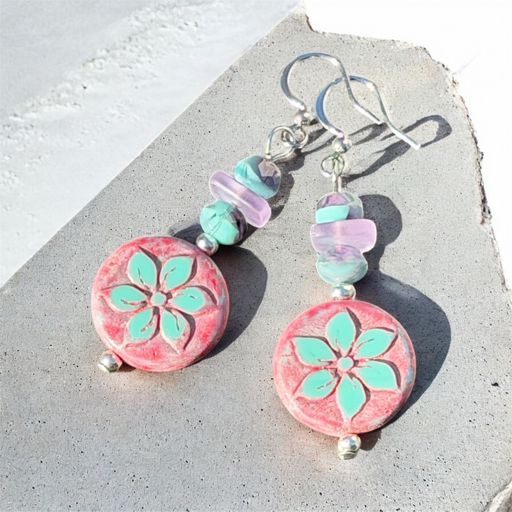 Handcrafted Floral Pink and Turquoise Czech Glass Earrings - Picture 5 of 16